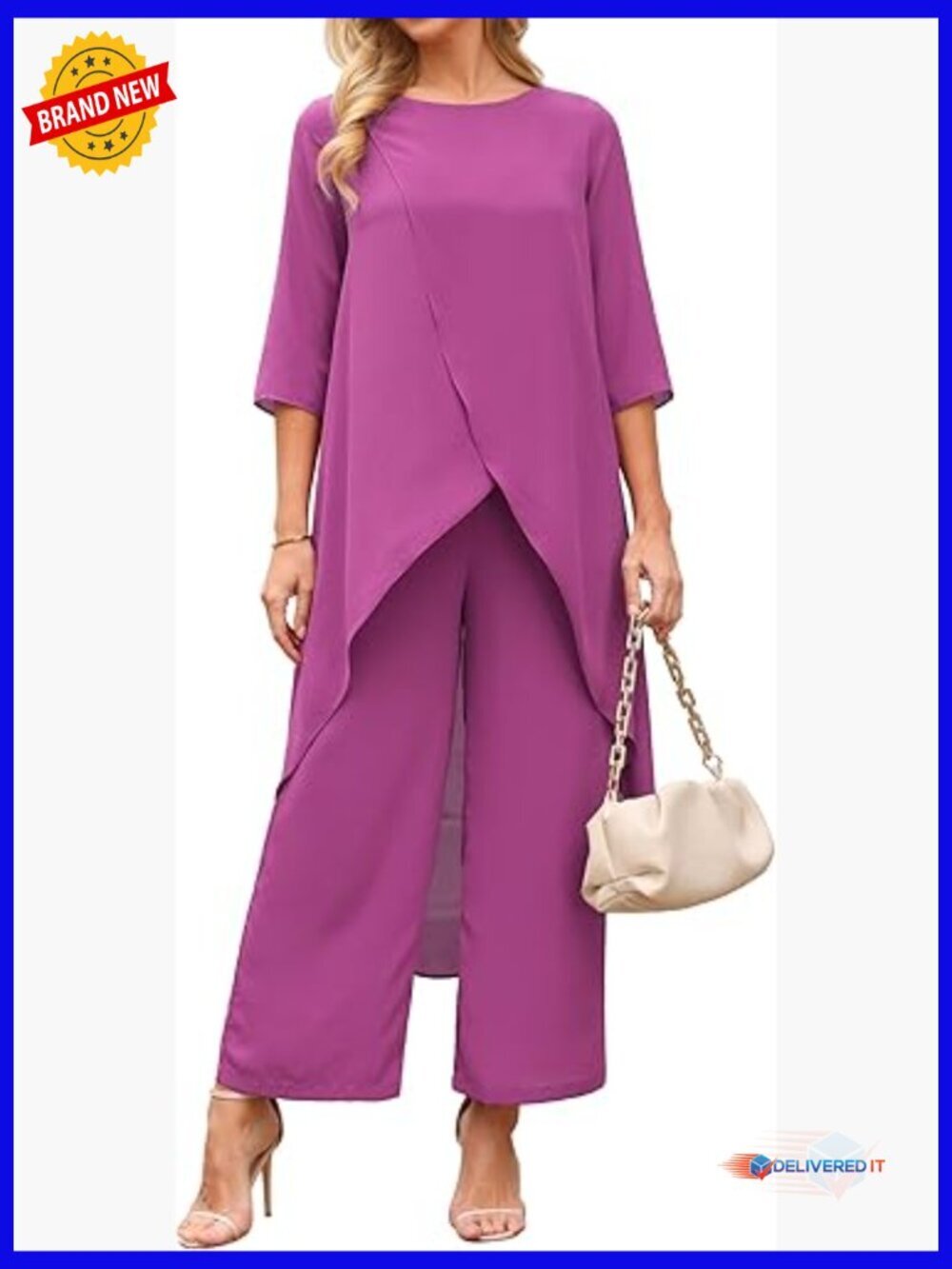 2 Piece Chiffon Pantsuit Set High Low Top Wide Leg Pants Formal Wedding Outfit